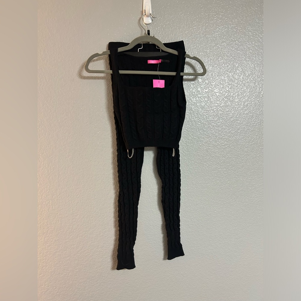 Black Cable Knit Stretch Unlined crop top high rise waisted leggings Set small